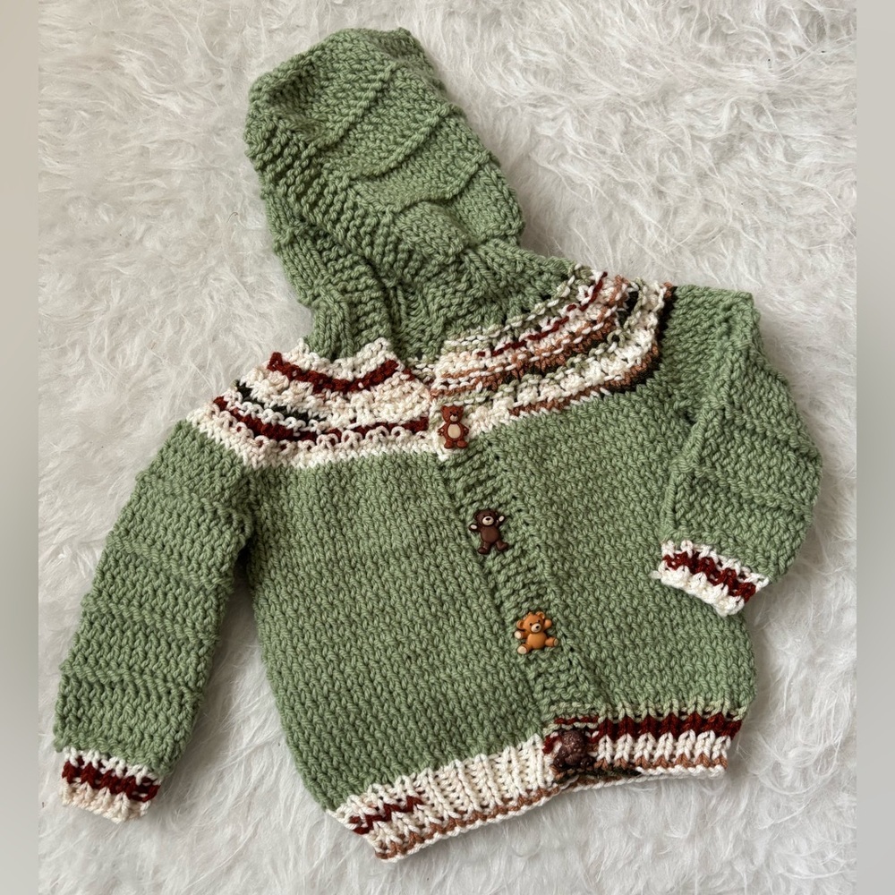 Handmade Beary Sweet Green Knit Baby Sweater